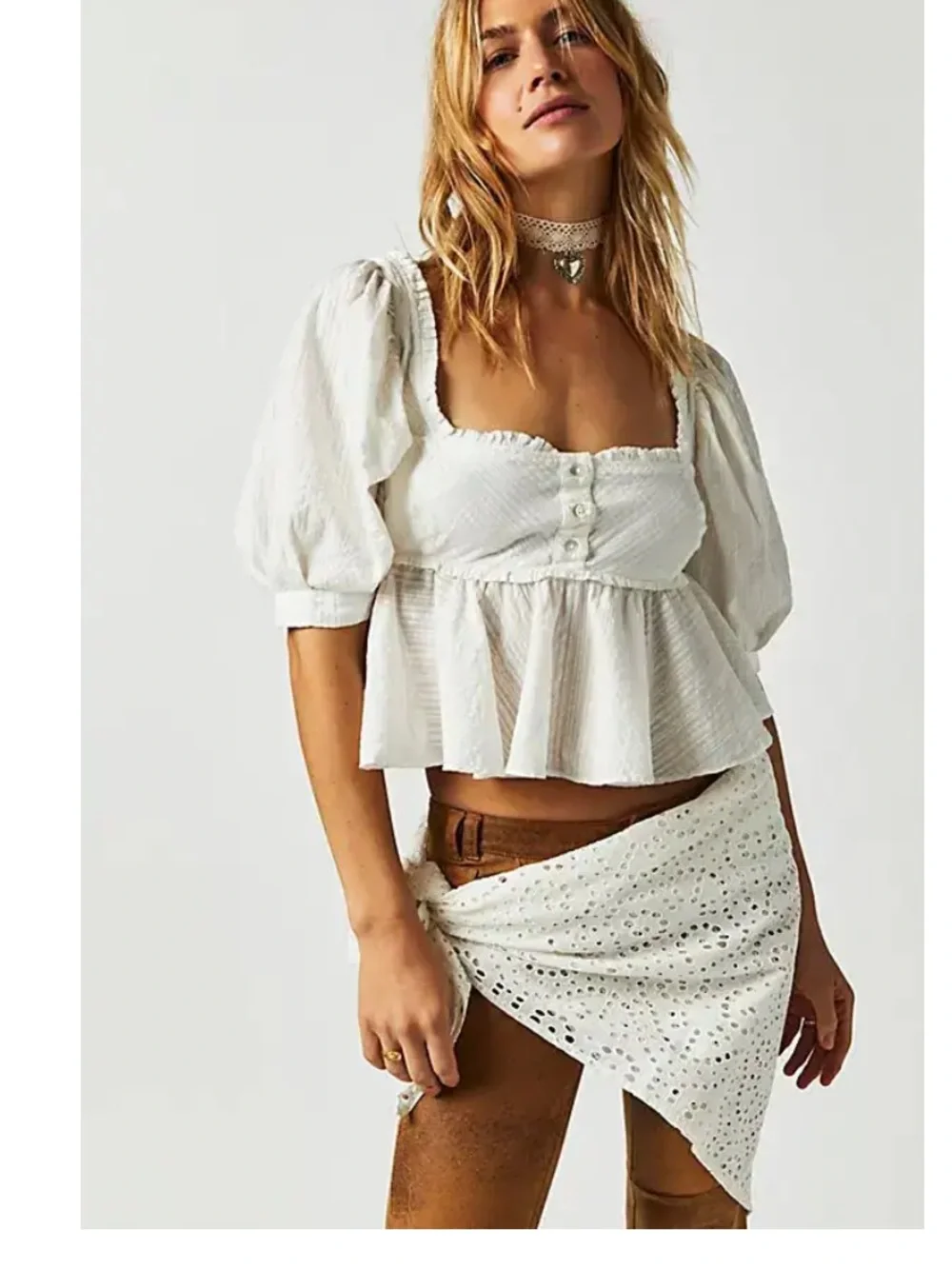 Free People Leave It To Me Top Babydoll Puff Sleeves  Small 100% Cotton